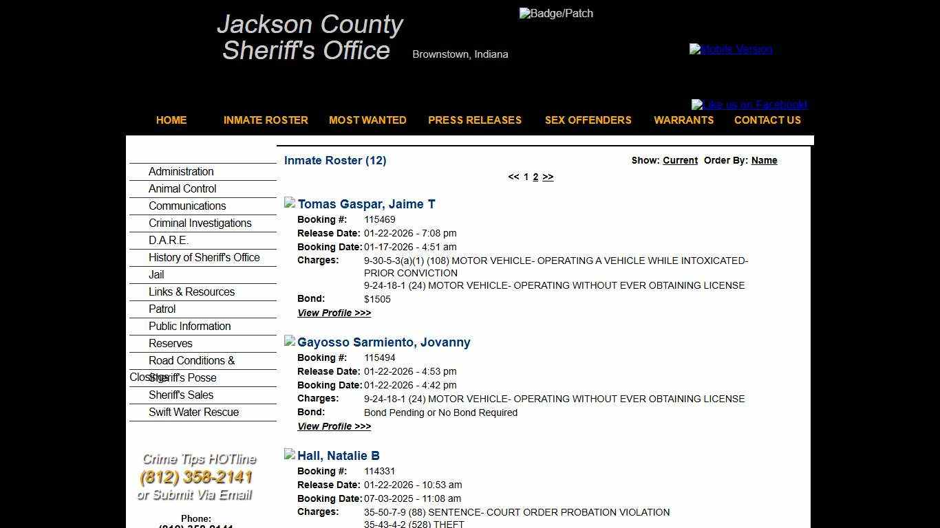 Inmate Roster - Released Inmates Booking Date Descending - Jackson County IN Sheriff