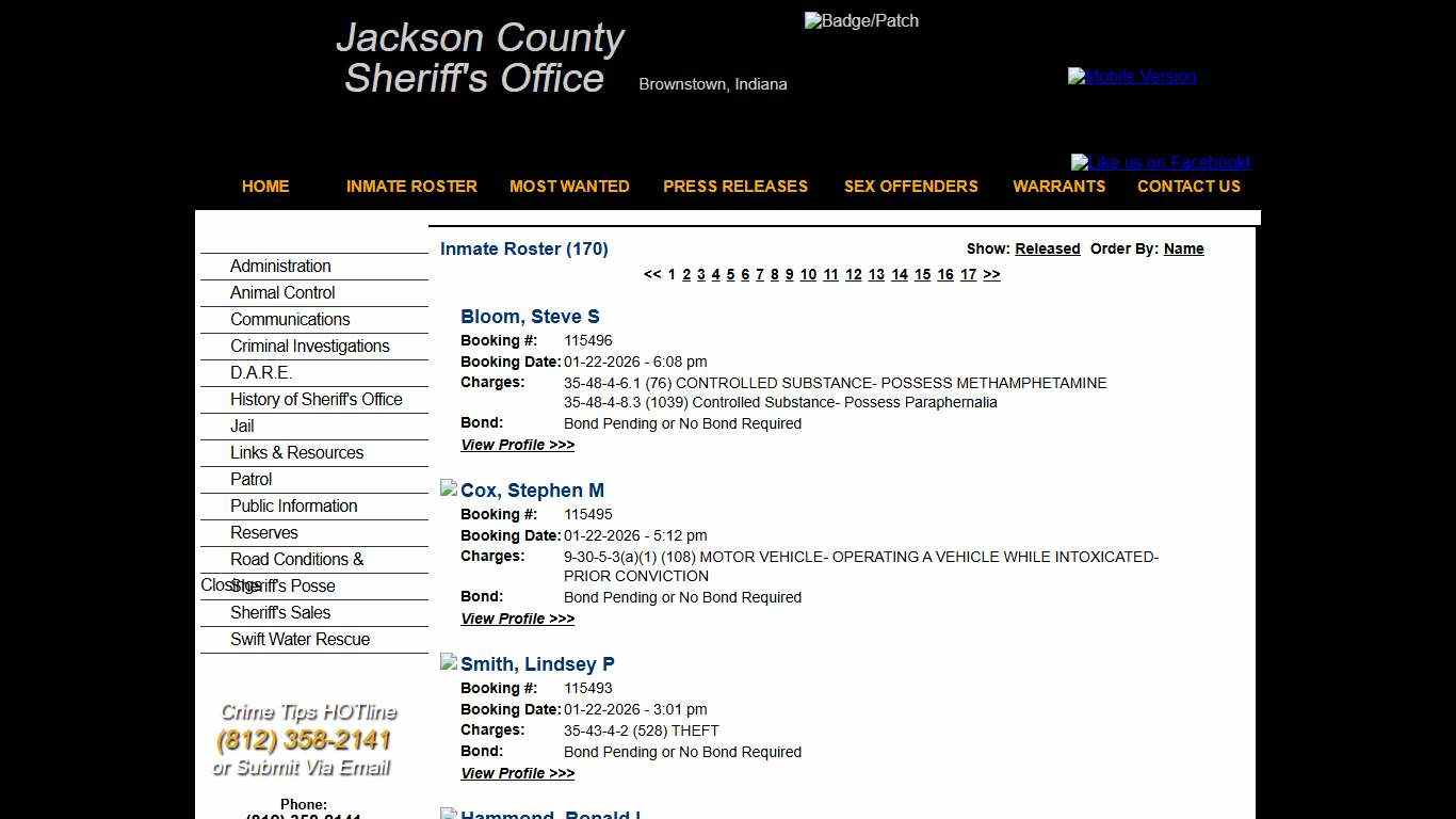 Inmate Roster - Current Inmates Booking Date Descending - Jackson County IN Sheriff