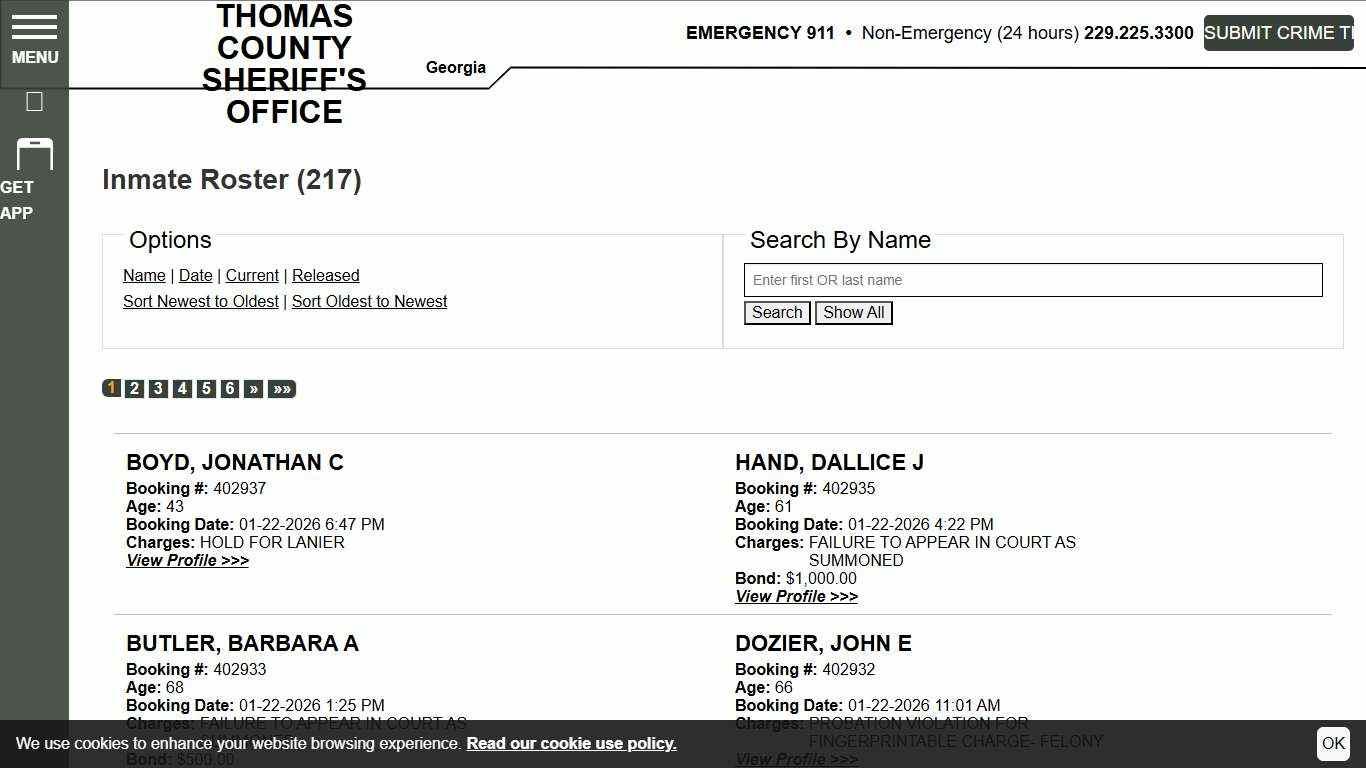 Inmate Roster Thomas County Sheriff's Office Sort Booking Time - Descending Page 1